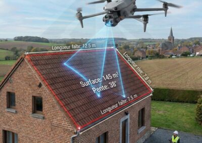 montage photo d'un drone mesurant la surface de toiture d'une maison de campagne