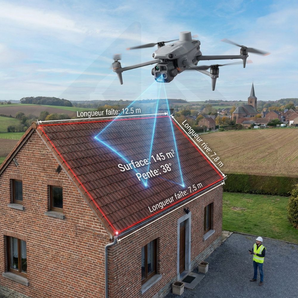 montage photo d'un drone mesurant la surface de toiture d'une maison de campagne